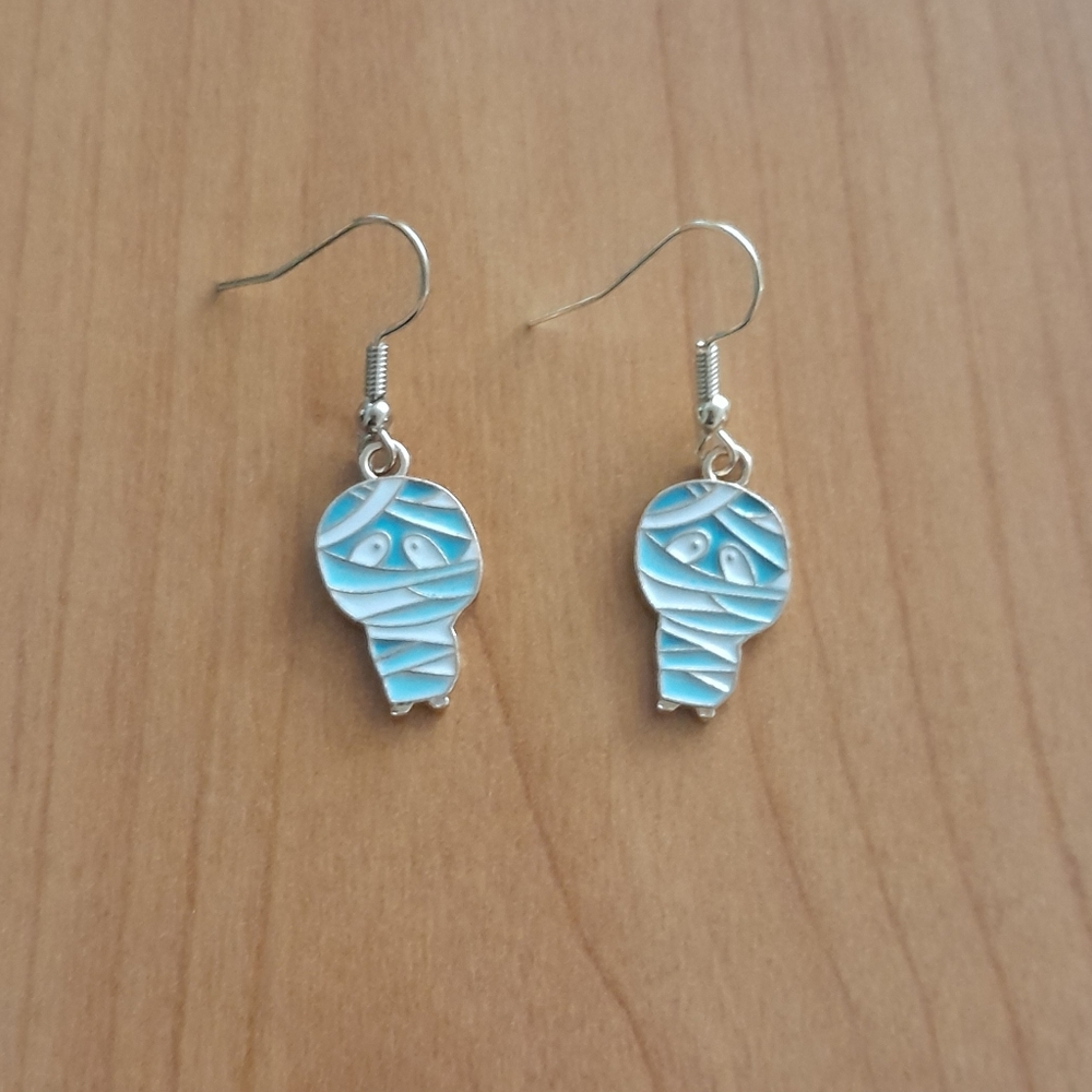 Gold Plated Blue Enamel Mummy Charm Earrings